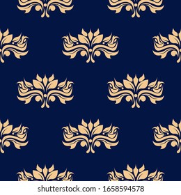 Floral seamless pattern. Golden flowers on dark blue background. Vector illustration