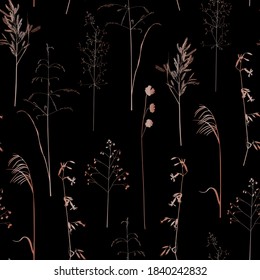 Patrón floral sin soldadura con hierbas doradas. Arte de línea para diseño de invitación de lujo, moda, textiles, tarjetas de felicitación, papel de envoltura de regalo, scrapbooking. Dorado sobre fondo negro.
