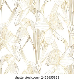 Patrón floral sin costuras, flores de narciso de línea dorada. Elegante diseño de contorno dibujado a mano floral para textil, tela, paquete, papel pintado, póster.