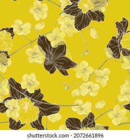 Floral seamless pattern, golden shower flowers and line art daffodils on yellow