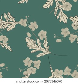 Floral seamless pattern, golden shower flowers and line art leaves on green