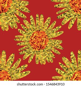 Floral seamless pattern with golden textured glitter chamomiles on bloody red background. Vector illustration. Shiny glitter effect. 