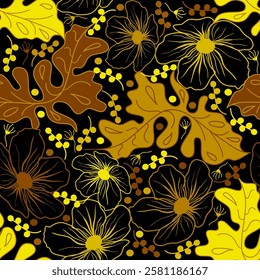 Floral seamless pattern with golden tropical flowers and leaves vector illustration 