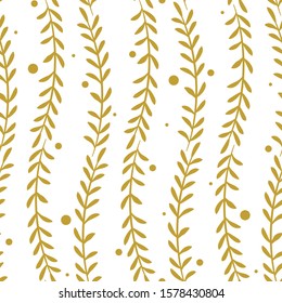 Floral seamless pattern with golden vertical branches and leaves; isolated on white. Branch pattern for fabric, wallpaper, wrapping paper, package, web design.