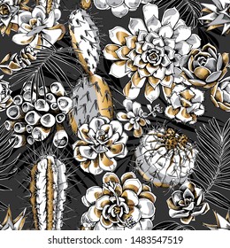 Floral Seamless pattern. Gold-silver exotic succulent and cacti on a black geometric background. Textile composition, hand drawn style print. Vector illustration.