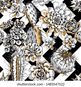 Floral Seamless pattern. Gold-silver exotic succulent and cacti on a black and white geometric background. Textile composition, hand drawn style print. Vector illustration.