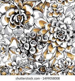 Floral Seamless pattern. Gold-silver exotic succulent plants on a white background. Textile composition, hand drawn style print. Vector illustration.