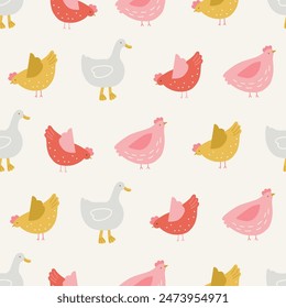 Floral seamless pattern with gooses and hens on white background. Perfect for summer greetings, wallpaper, wrapping paper, fabric. Vector illustration