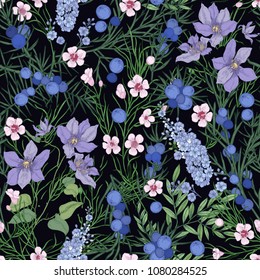 Floral seamless pattern with gorgeous blooming flowers and wild flowering herbs on black background. Natural backdrop with meadow wildflowers. Botanical vector illustration for textile print.