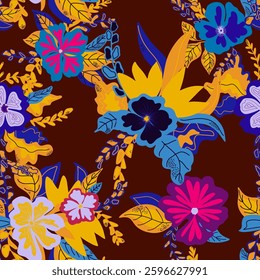 Floral seamless pattern with graceful flowers and green leaves intertwined in a dynamic composition. Suitable for textiles, packaging, wallpaper, cards and stylish decorative projects.