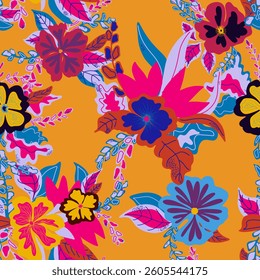 Floral seamless pattern with graceful flowers and green leaves intertwined in a dynamic composition. Suitable for textiles, packaging, wallpaper, cards and stylish decorative projects.