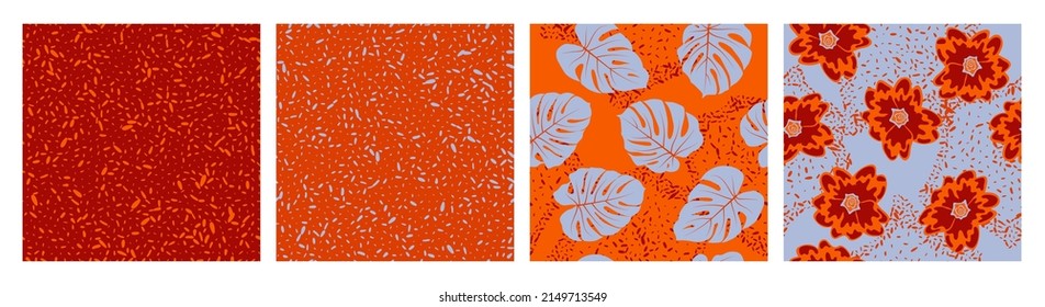 Patrón floral sin fisuras con colección vectorial de textura de grano. Diseño veraniego con primacía y hojas de monstera exóticas. Colorido conjunto de patrones con textura de grano, flores, follaje. Fondos de escritorio