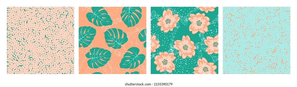 Floral seamless pattern with grain texture vector collection. Summer design with primula and tropical monstera leaves. Hawaiian set of patterns with grain texture, flowers, foliage. Fabric prints