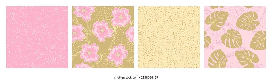 Floral seamless pattern with grain texture vector collection. Botanical design of rainforest frangipani, monstera leaves. Vibrant set of patterns with grain texture, flowers, foliage. Fabric prints