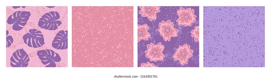 Floral seamless pattern with grain texture vector collection. Botanical design of frangipani and paradise monstera leaves. Abstract set of patterns with grain texture, flowers, foliage. Fabric prints