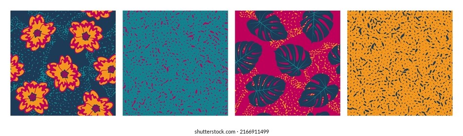 Floral seamless pattern with grain texture vector collection. Botanical design of primula and paradise monstera leaves. Abstract set of patterns with grain texture, flowers, foliage. Textile prints