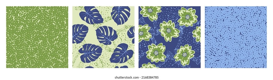 Floral seamless pattern with grain texture vector collection. Botanical design of frangipani and paradise monstera leaves. Colorful set of patterns with grain texture, flowers, foliage. Textile prints