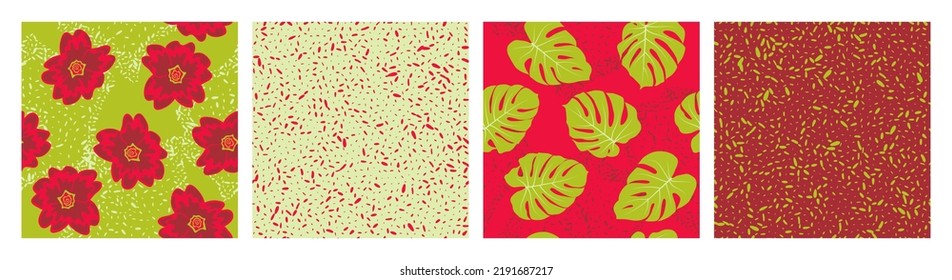 Floral seamless pattern with grain texture vector collection. Summer design with primula and jungle monstera leaves. Vibrant set of patterns with grain texture, flowers, foliage. Fabric prints
