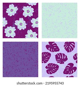 Blumennahtloses Muster mit Kornstruktur Vektorgrafik. Botanisches Design mit primula und tropischen Monstera Blättern. Böhmische Muster mit Kornstruktur, Blumen, Blattwerk. Stoffdrucke