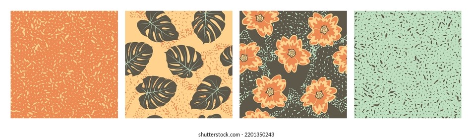 Floral seamless pattern with grain texture vector collection. Botanical design of rainforest frangipani, monstera leaves. Colorful set of patterns with grain texture, flowers, foliage. Fabric prints