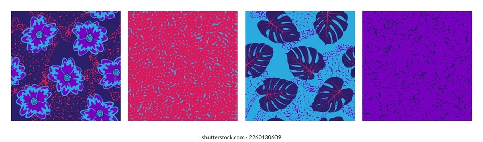 Floral seamless pattern with grain texture vector collection. Botanical design with primula and tropical monstera leaves. Bohemian patterns with grain texture, flowers, foliage. Fabric prints