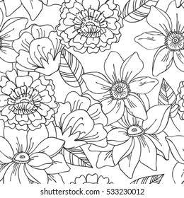 Floral seamless pattern with graphic black and white flowers. For textile, book covers, manufacturing, fabric, cloth design, wallpapers, print