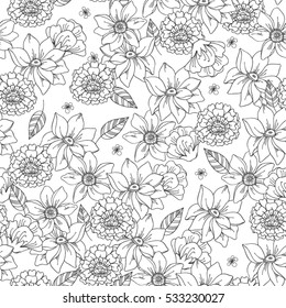 Floral seamless pattern with graphic black and white flowers. For textile, book covers, manufacturing, fabric, cloth design, wallpapers, print