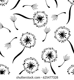 Floral seamless pattern. Graphic black dandelions on white background. Textile print, wallpaper, wrapping paper, decoration.
