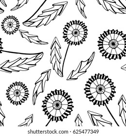Floral seamless pattern. Graphic black dandelions on white background. Textile print, wallpaper, wrapping paper, decoration.