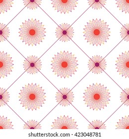 Floral seamless pattern with graphic grid. Colored vector illustration.