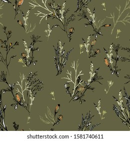 Floral seamless pattern with graphic image of herbs and field plants. Botanical elements are scattered randomly on a green background. Vector for textile, wallpaper, tile, print.