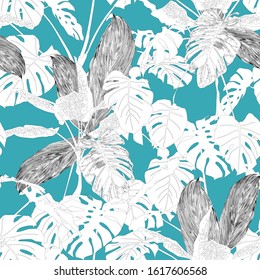 Floral seamless  pattern with graphic tropical leaves on bright background.