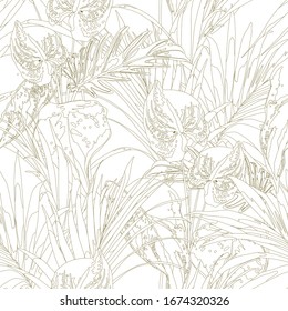 Floral seamless  pattern with graphic tropical leaves and exotic flowers. Abstract background texture.