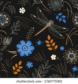 Floral seamless pattern with grass, flowers and dragonfly. Vector ornamental texture for wallpaper, fabric, gift wrap, digital paper, fills, etc.