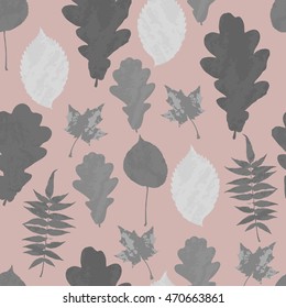 Floral seamless pattern with gray grunge tree leaves on pastel pink background. Maple, Elm, Oak, Aspen textured leaves. Vector illustration.