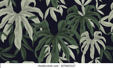Patrón floral sin fisuras, hojas verdes de anturio pedatoradiatum sobre fondo azul oscuro