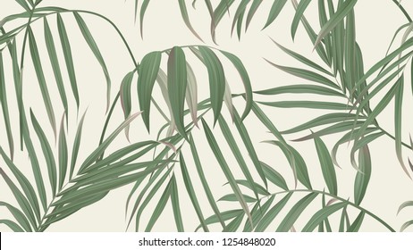 Floral seamless pattern, green bamboo palm leaves on light brown background, pastel vintage theme