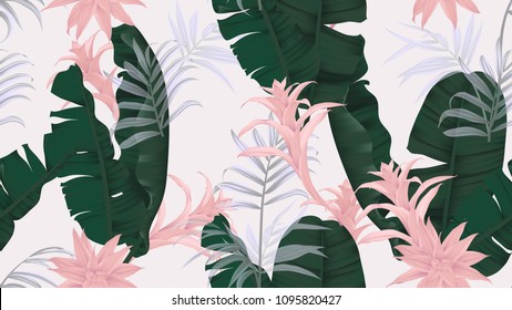 Floral seamless pattern, green banana leaves, pink Bromeliaceae plant and palm leaves on light gray background, pastel vintage theme