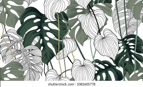 Floral seamless pattern, green, black and white split-leaf Philodendron plant with vines on white background, pastel vintage theme - Shutterstock ID 1082605778