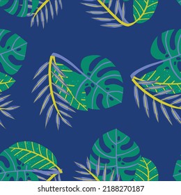 Floral Seamless Pattern, Green, Black And White Split-leaf Philodendron Plant With Vines On White Background