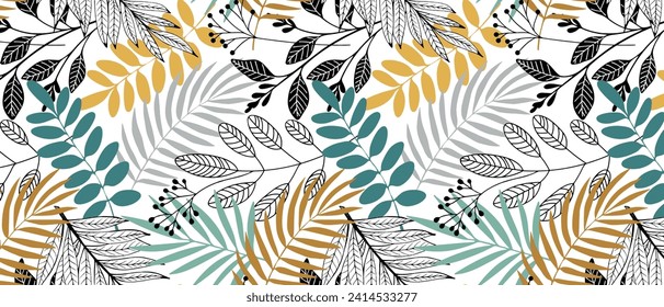 Floral seamless pattern, green, black and white split-leaf Philodendron plant with vines on white background, pastel vintage theme