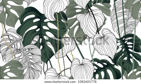Floral seamless pattern, green, black and white split-leaf Philodendron plant with vines on white background, pastel vintage theme.