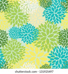 Floral seamless pattern with green, blue, yellow and cream colours