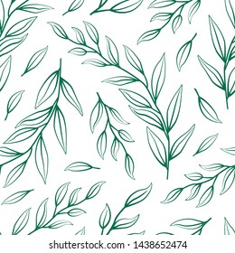Floral seamless pattern. Green branches silhouettes. Isolated on white.