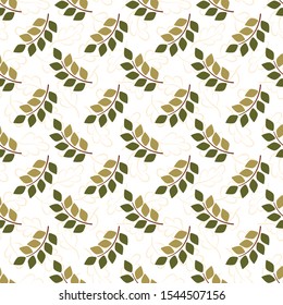 Floral seamless pattern with green branches with leaves on white background. Floral background for fabric, wallpaper, wrapping paper, textile, web design.