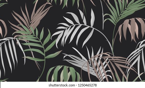 Floral seamless pattern, green, brown and white bamboo palm leaves on dark gray background, pastel vintage theme