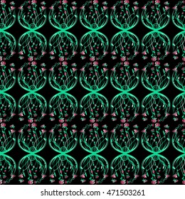 Floral seamless pattern. Green bush with pink flowers on a black background. Decorative pattern for your design.