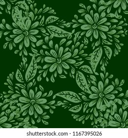 Floral seamless pattern in green colors. Decorative romantic design. Endless texture for wrapping paper, textile, clothing, web, wallpaper. Vector illustration.