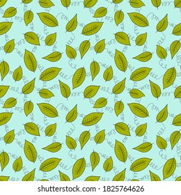 Blumennahtloses Muster mit grünen exotischen Blättern auf blauem Hintergrund. Tropische Zweige. Fashion Vektorgrafik für Tapeten, Poster, Karte, Gewebe, Textilien.