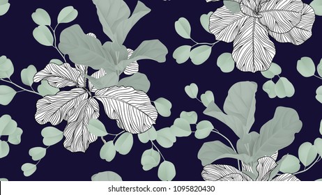 Padrão floral sem costura, folha de violino verde figo planta e Silver Dollar Eucalyptus folhas no fundo azul escuro, tema vintage pastel